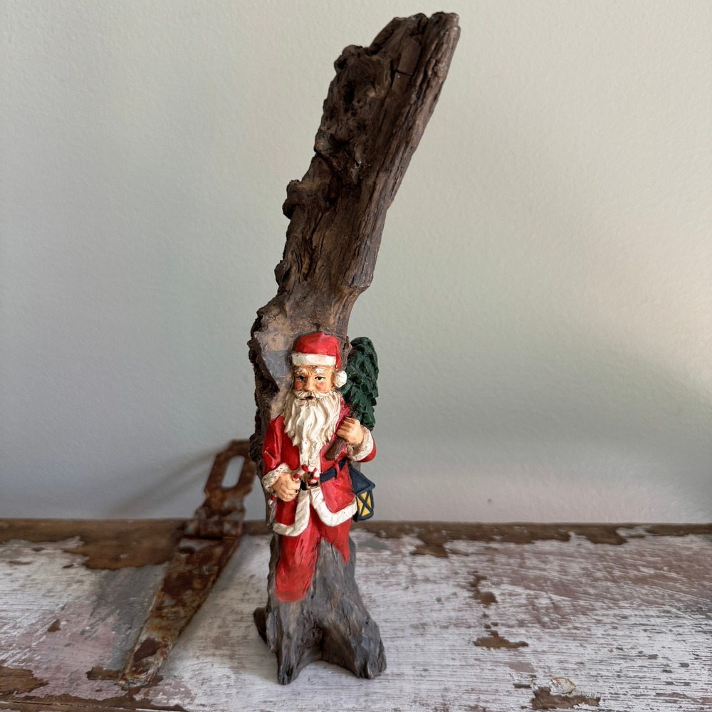 Rustic Santa Claus Figurine Faux Driftwood Tree Trunk Woodland Christmas Decor